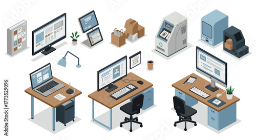 Modern isometric office setup with computers and workspace elements