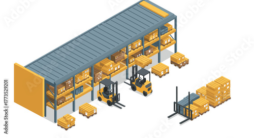 Isometric warehouse scene with forklifts and stacked pallets