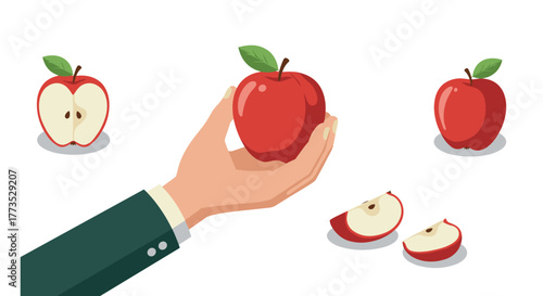 Hand holding red apple with slices and whole apples on white background