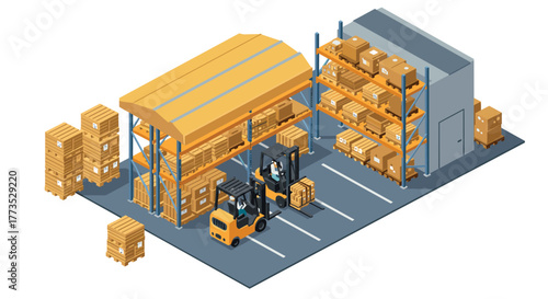 Modern warehouse with forklifts and pallets in isometric view