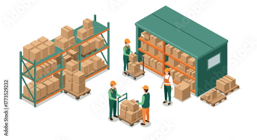 Warehouse logistics with workers organizing cardboard boxes in isometric style
