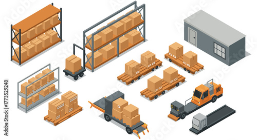 Isometric warehouse scene with cargo boxes and industrial equipment for logistics and supply chain