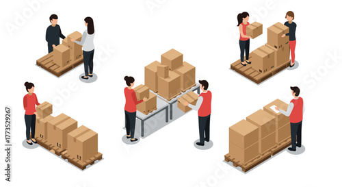 Warehouse team packing boxes on pallets with conveyors and lifting techniques in isometric art