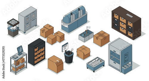 Isometric office equipment and supply design with detailed storage solutions