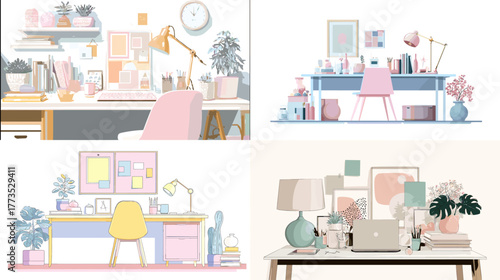 Modern pastel home office illustration with desk, lamp, books, and plants. Perfect for creative workspace design, productivity inspiration, and cozy interior lifestyle concepts.