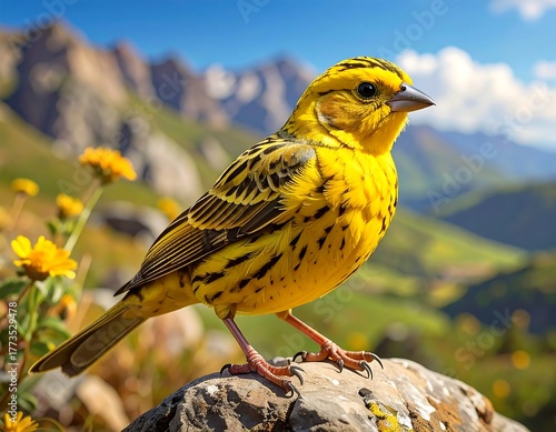Vibrant yellow bird perched on rock, mountain backdrop (1)