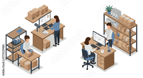 Isometric office workspace with people working on e-commerce and inventory management