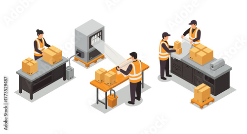 Warehouse workers handling packages with machines and tools in isometric style
