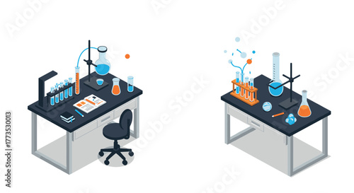 Isometric science lab workstations with equipment and chemicals