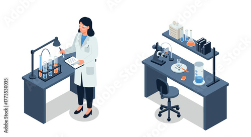 Isometric laboratory scene with scientist analyzing samples and equipment on desks
