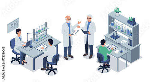 Scientific collaboration in modern laboratory setting with researchers and equipment in isometric style
