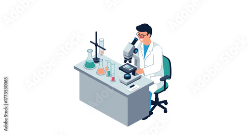 Scientist in lab conducting research with microscope and lab equipment in isometric style