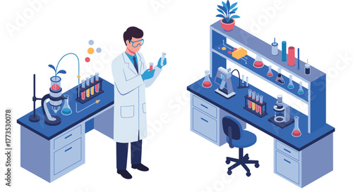 Modern laboratory with scientist analyzing samples in isometric style
