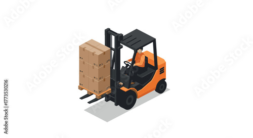 Isometric forklift handling cardboard boxes for warehouse and logistics operations