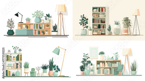 Modern bookshelf and home interior illustration with plants, lamps, and decor in pastel tones. Perfect for minimalist living room design and cozy lifestyle concept art.