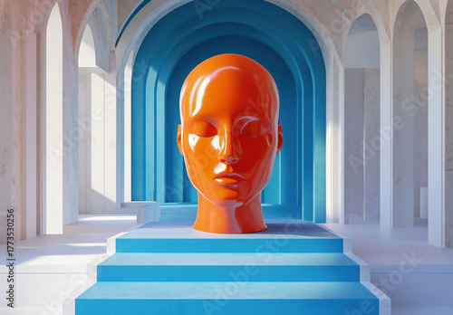 A large orange head is sitting on a blue staircase in a room with blue walls