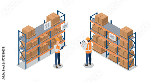 Isometric warehouse workers managing inventory on shelves