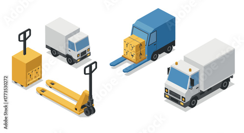Isometric delivery trucks and pallet jacks for logistics and transportation design