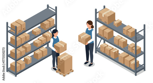 Isometric warehouse scene with workers handling boxes on shelves