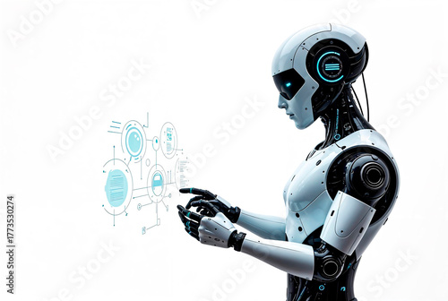 A robot is holding a tablet and is looking at a screen