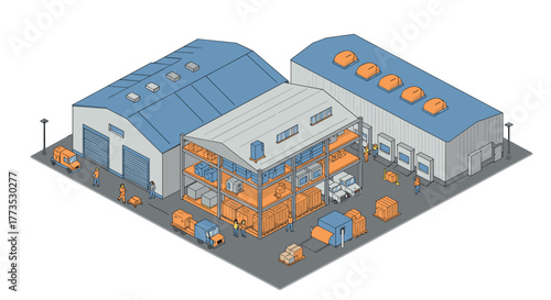 Isometric warehouse scene: logistics hub with industrial buildings and workers
