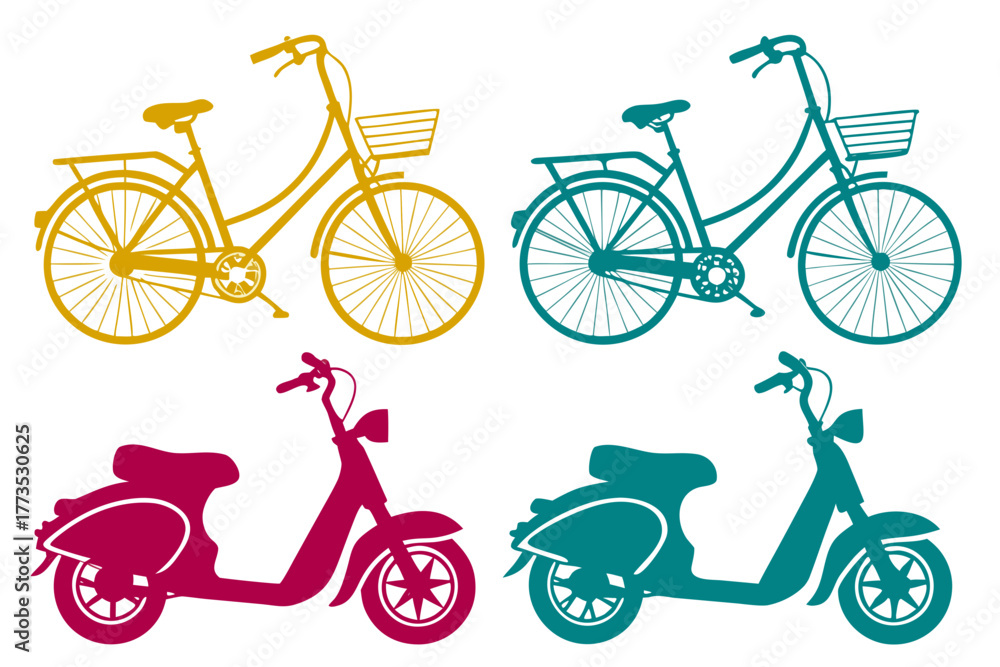 Obraz premium Bicycle and Scooter Silhouette Pack Isolated on White Background