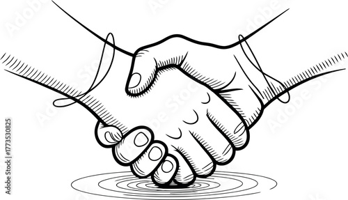 Black and white line drawing of two hands shaking over rippling water handshake agreement