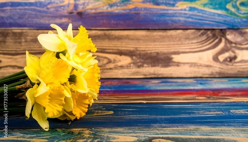 Vibrant yellow flowers on colorful wood