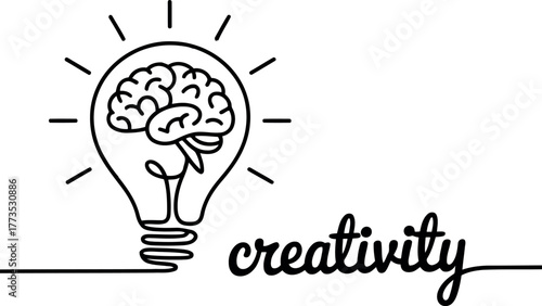 Black line art light bulb with brain and word creativity idea thinking