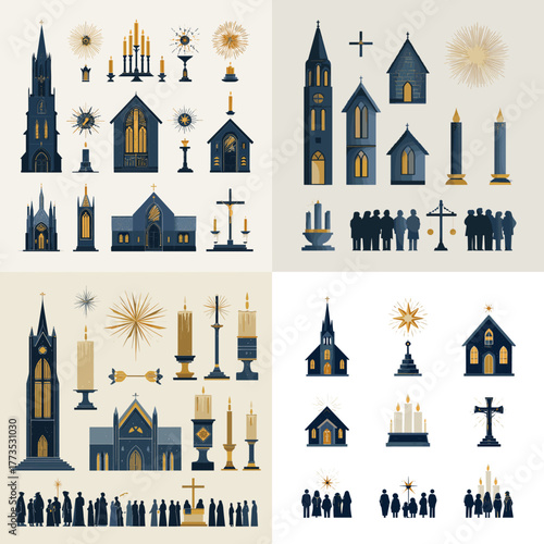 Elegant church architecture illustration with candles, crosses, and worshippers in minimal style. Perfect for religion, Christianity, faith, and spiritual design concepts.