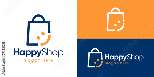 Creative simple happy shop logo template. Shopping bag with smile icon logo design vector illustration.