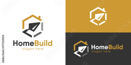 Creative simple home build logo template. Trowel cement with home symbol logo design vector illustration.