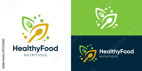 Creative simple healthy food logo template. Abstract leaf with fork spoon for Organic food logo design vector illustration.