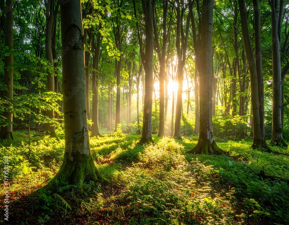 Obraz premium Sunlit forest with trees, green foliage, and rays of light