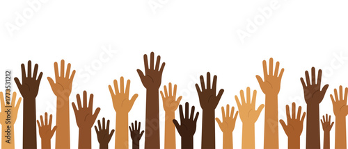 Flat vector illustration of diverse raised hands showing unity and equality. Group of people with different skin tones reaching up together.