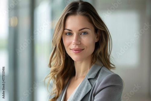 Confident businesswoman smiling, showing professionalism in a bright corporate environment Free Download Confident businesswoman smiling, showing professionalism in a bright corporate environment - GFXLoad