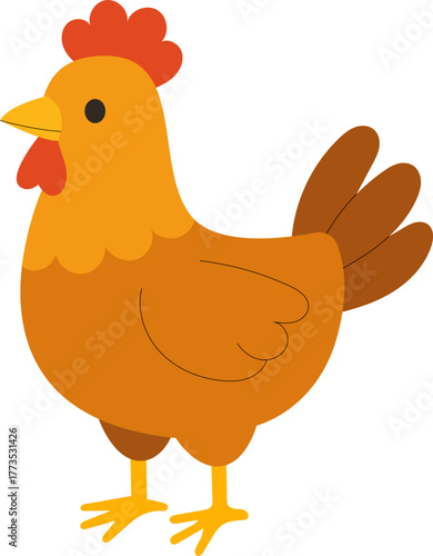 Flat vector illustration of a chicken in simple cartoon style. Cute brown hen farm animal.
