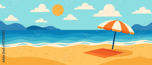 Flat vector beach landscape with sun, sea, mountains, and umbrella. Summer vacation illustration with bright blue sky and sand.