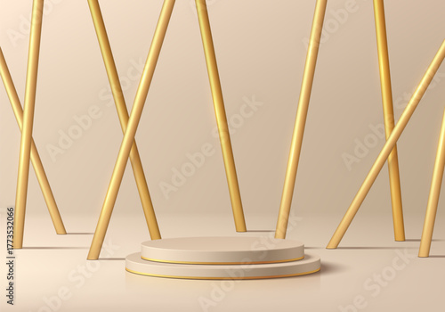 3D beige cylindrical podium background with shine many golden pillars. Minimalist mockup pedestal abstract stand product display presentation, Stage for showcase. Platforms vector geometric design.