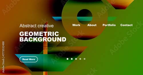Website mockup displays vibrant geometric shapes, green background, navigation menu. Features read more button, dot indicators. Modern design.