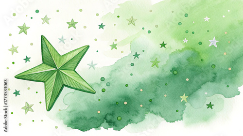 A watercolor background with green stars and abstract paint splash. This vector illustration is a simple, hand drawn design for a celebration, party, or holiday.