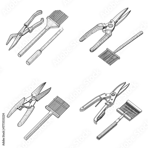 Hand-drawn sketch of gardening tools including shears, pruners, and rakes. Perfect for horticulture, landscaping, farming, and outdoor gardening design projects.