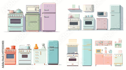 Retro pastel kitchen illustration featuring stoves, refrigerators, and microwaves in vintage style. Perfect for cooking, home decor, and nostalgic interior design concepts.