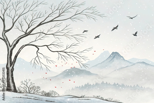 A winter landscape in a traditional Chinese ink painting style with snow, mountains, a bare tree, and falling red leaves. This vector illustrates a cold, asian scene.