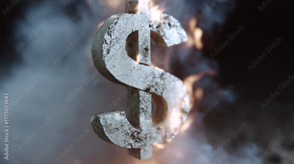 Obraz premium A flaming silver dollar sign amidst swirling smoke, emblematic of financial volatility, Fire Appreciation Day, and Global Money Week