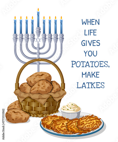 Funny Hanukkah Quote Illustration with Menorah, Potato Basket, and Latkes Plate with Sour Cream – When Life Gives You Potatoes Make Latkes Jewish Holiday Design
