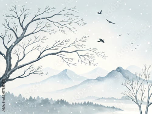 A winter landscape in a traditional Chinese ink painting style with snow, mountains, and a bare tree. This vector illustration shows a tranquil, asian, and cold scene.
