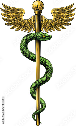 Rod of Asclepius staff medical symbol. Snake around rod or wooden staff. Often mistakenly called Caduceus. Doctor medicine and health care icon. Vintage woodcut etching style. Also features wings.