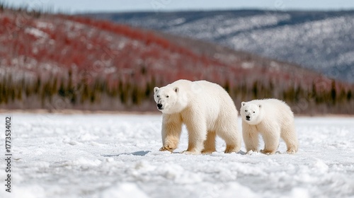 Polar bears traverse arctic tundra, evoking International Polar Bear Day, climate resilience, ice-bound guardians against frosty wilderness
