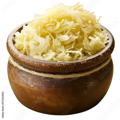 Crock of sauerkraut. Bowl of traditional fermented sauerkraut made from shredded cabbage isolated on white background, healthy probiotic food used in salads, sides, and meals.